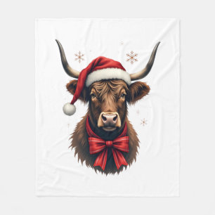 Vintage Christmas Highland Cow in Santa Hat Rustic Fleece Blanket