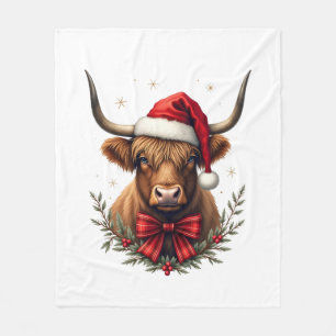 Vintage Christmas Highland Cow in Santa Hat Rustic Fleece Blanket