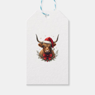 Vintage Christmas Highland Cow in Santa Hat Rustic Gift Tags