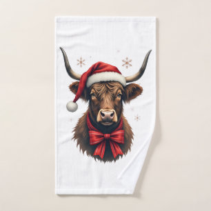 Vintage Christmas Highland Cow in Santa Hat Rustic Hand Towel