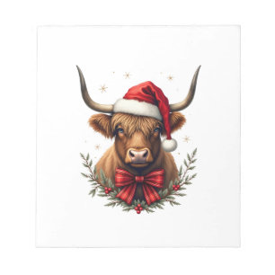 Vintage Christmas Highland Cow in Santa Hat Rustic Notepad