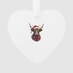 Vintage Christmas Highland Cow in Santa Hat Rustic Ornament