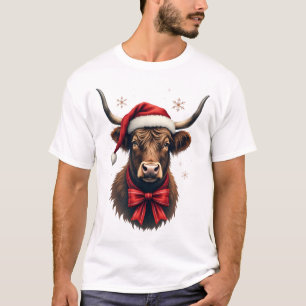 Vintage Christmas Highland Cow in Santa Hat Rustic T-Shirt