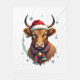 Vintage Christmas Highland Cow Santa Hat Colourful Fleece Blanket