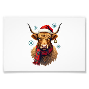 Vintage Christmas Highland Cow Santa Hat Colourful Photo Print