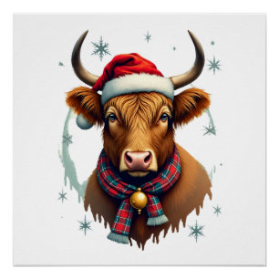 Vintage Christmas Highland Cow Santa Hat Colourful Poster