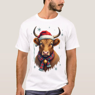 Vintage Christmas Highland Cow Santa Hat Colourful T-Shirt