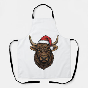 Vintage Christmas Highland Cow Santa Hat Shirt_1 Apron