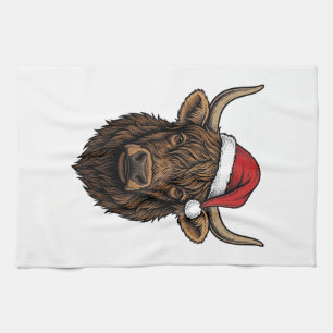 Vintage Christmas Highland Cow Santa Hat Shirt_1 Tea Towel