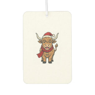 Vintage Christmas Highland Cow Santa Hat Vector_1 Car Air Freshener