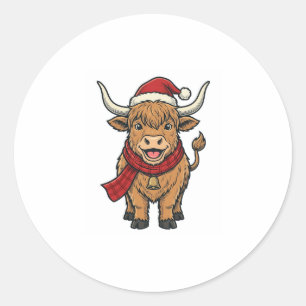 Vintage Christmas Highland Cow Santa Hat Vector_1 Classic Round Sticker