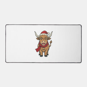 Vintage Christmas Highland Cow Santa Hat Vector_1 Desk Mat