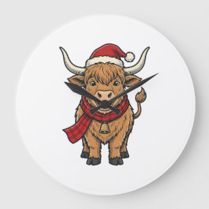 Vintage Christmas Highland Cow Santa Hat Vector_1 Large Clock