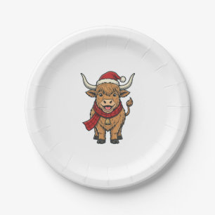 Vintage Christmas Highland Cow Santa Hat Vector_1 Paper Plate