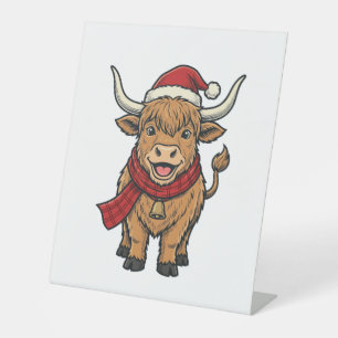 Vintage Christmas Highland Cow Santa Hat Vector_1 Pedestal Sign