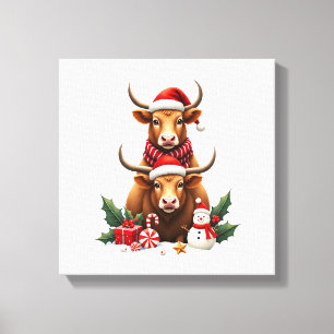 Vintage Christmas Highland Cow Trio Cute Holiday W Canvas Print