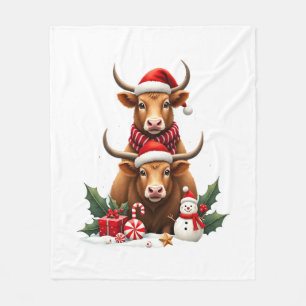 Vintage Christmas Highland Cow Trio Cute Holiday W Fleece Blanket
