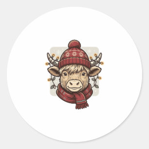 Vintage Christmas Highland Cow Vector Shirt Design Classic Round Sticker