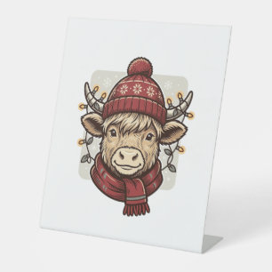 Vintage Christmas Highland Cow Vector Shirt Design Pedestal Sign