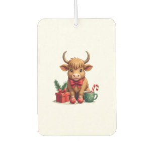 Vintage Christmas Highland Cow with Bow Gift and C Car Air Freshener