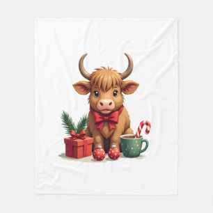 Vintage Christmas Highland Cow with Bow Gift and C Fleece Blanket