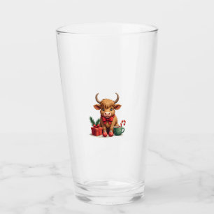 Vintage Christmas Highland Cow with Bow Gift and C Glass