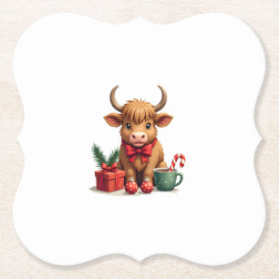 Vintage Christmas Highland Cow with Bow Gift and C Paper Coaster