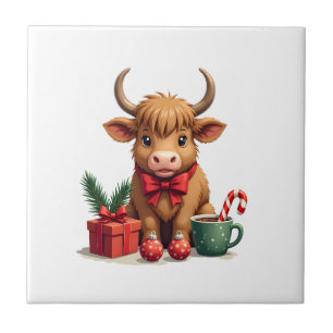 Vintage Christmas Highland Cow with Bow Gift and C Tile