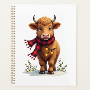 Vintage Christmas Highland Cow with Buffalo Plaid Planner