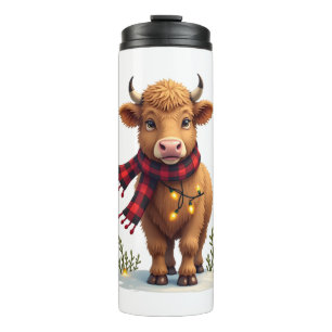 Vintage Christmas Highland Cow with Buffalo Plaid Thermal Tumbler