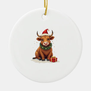 Vintage Christmas Highland Cow with Gifts Cute Hol Ceramic Tree Decoration