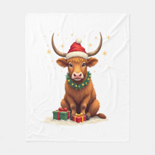 Vintage Christmas Highland Cow with Gifts Cute Hol Fleece Blanket