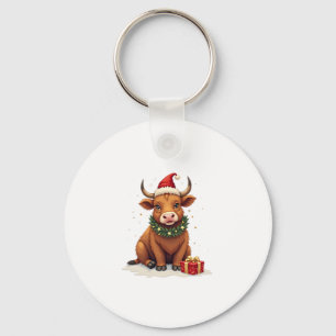 Vintage Christmas Highland Cow with Gifts Cute Hol Key Ring