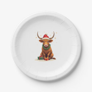 Vintage Christmas Highland Cow with Gifts Cute Hol Paper Plate