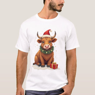 Vintage Christmas Highland Cow with Gifts Cute Hol T-Shirt