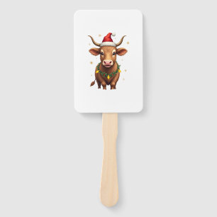 Vintage Christmas Highland Cow with Santa Hat and Hand Fan