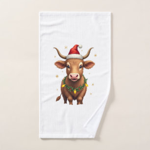 Vintage Christmas Highland Cow with Santa Hat and Hand Towel