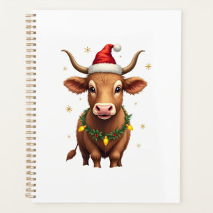 Vintage Christmas Highland Cow with Santa Hat and  Planner