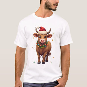 Vintage Christmas Highland Cow with Santa Hat and T-Shirt