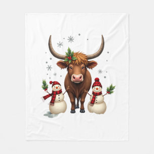 Vintage Christmas Highland Cow with Snowmen Red Pl Fleece Blanket