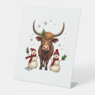 Vintage Christmas Highland Cow with Snowmen Red Pl Pedestal Sign