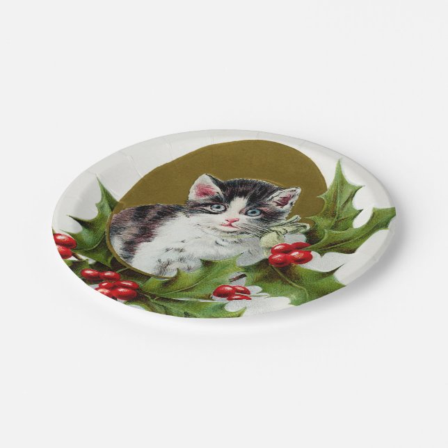 Vintage Christmas Holiday cat party plate (Angled)