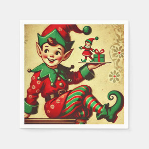 Vintage Christmas Holiday Elves Santa Cookie Napkin