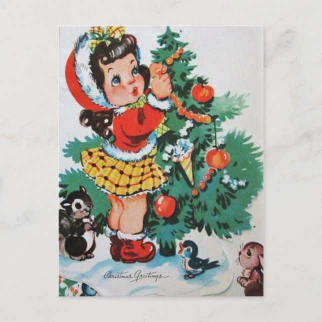 Vintage Christmas Holiday girl retro postcard (Front)