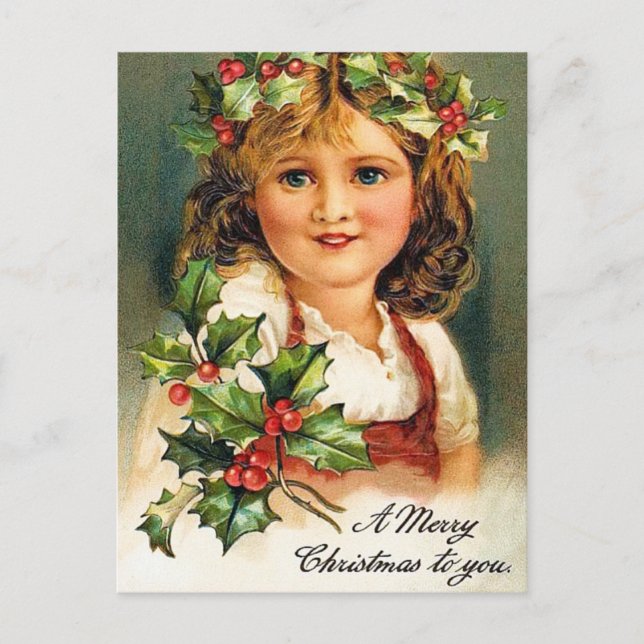 Vintage Christmas Holiday Holly girl postcard (Front)