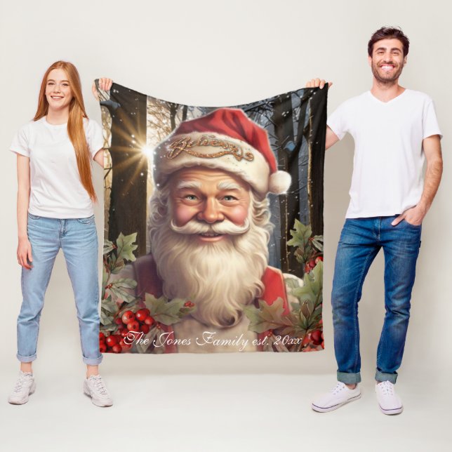 Vintage Christmas holiday Santa Claus woodland Fleece Blanket (In Situ)