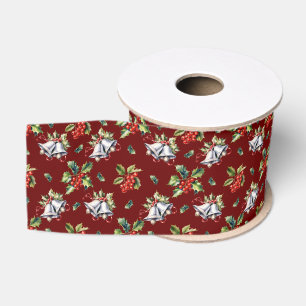 Vintage Christmas Holiday Silver Bells and Holly Grosgrain Ribbon