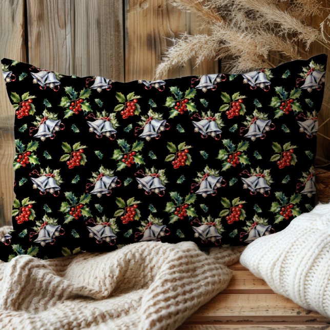 Vintage Christmas Holiday Silver Bells and Holly Pillowcase (Vintage Christmas Holiday Silver Bells, Holly and Berries Black Pillow Case)