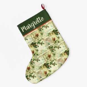 Vintage Christmas Holly and Songbirds with Name Large Christmas Stocking