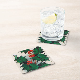 Vintage Christmas holly berries party Square Paper Coaster